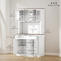 71" Pantry Cabinet with Microwave Space, Buffet with Hutch, 2 Drawers, Adjustable Shelves and Glass Doors, Blue
