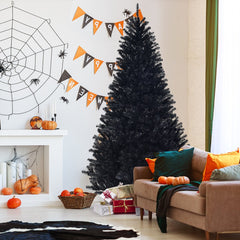 7.5 FT Black Artificial Halloween Christmas Tree, Hinged, 1258 PVC Tips with Metal Stand