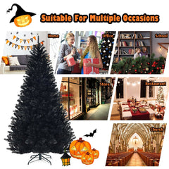 7.5 FT Black Artificial Halloween Christmas Tree, Hinged, 1258 PVC Tips with Metal Stand