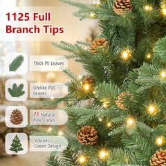 7.5 FT Pre-Lit Artificial Christmas Tree with 71 Pine Cones, 540 Warm White LEDs and PE PVC Tips