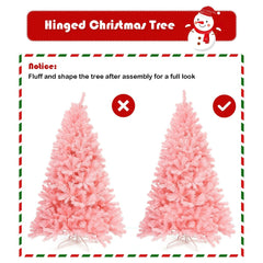 7.5 FT Pink Artificial Christmas Tree, Hinged Full Fir with 1258 PVC Tips and Metal Stand