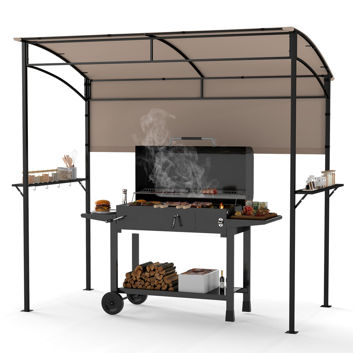 7.8 x 4.4 FT Outdoor Patio BBQ Canopy with Metal Shelves and Bottle Openers-Brown