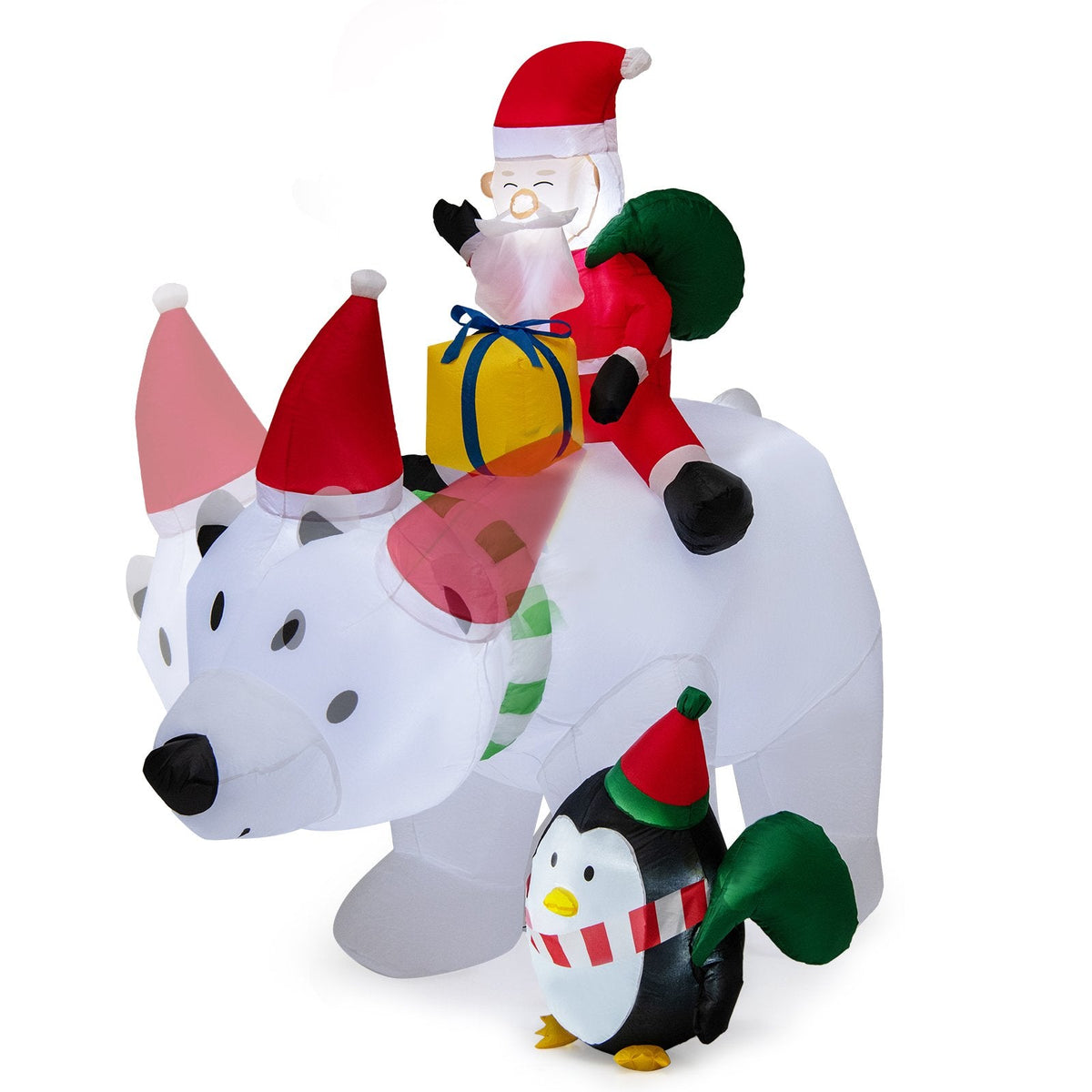 7 Feet Inflatable Santa Claus Riding Bear with Penguin Gift Bags and Gift Box