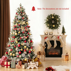 7 FT Pre-Lit Snow Sprayed Christmas Tree, 1072 Tips, 40 Pine Cones, 40 Berry Clusters, 350 LEDs