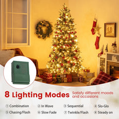 7 FT Pre-Lit Snow Sprayed Christmas Tree, 1072 Tips, 40 Pine Cones, 40 Berry Clusters, 350 LEDs