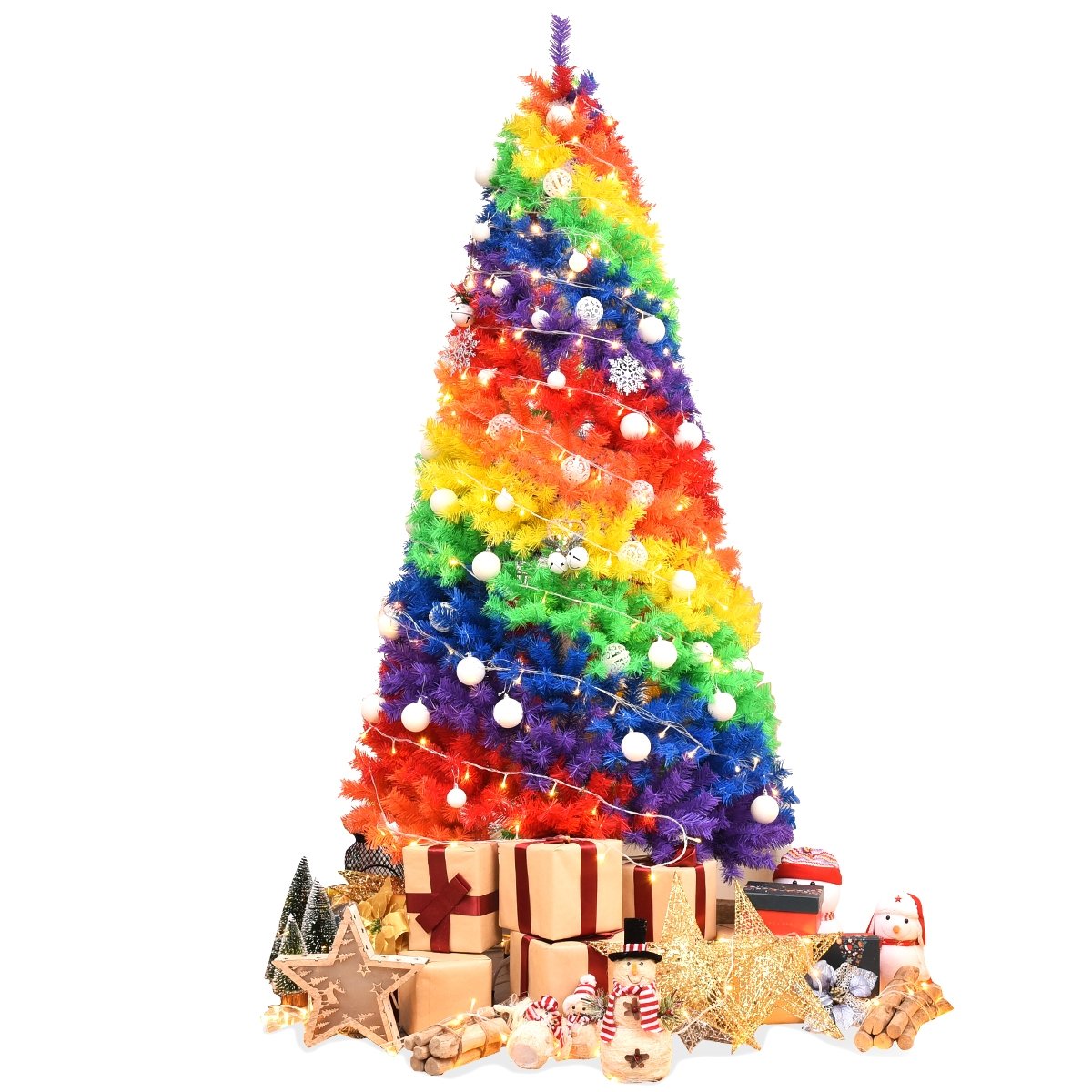 7 FT Rainbow Artificial Christmas Tree, Unlit Hinged Xmas Tree with 1213 Tips and Metal Stand