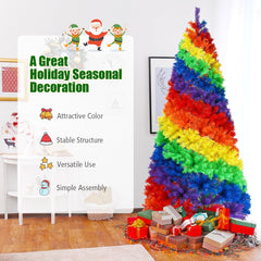 7 FT Rainbow Artificial Christmas Tree, Unlit Hinged Xmas Tree with 1213 Tips and Metal Stand