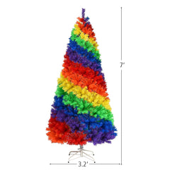 7 FT Rainbow Artificial Christmas Tree, Unlit Hinged Xmas Tree with 1213 Tips and Metal Stand