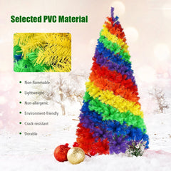 7 FT Rainbow Artificial Christmas Tree, Unlit Hinged Xmas Tree with 1213 Tips and Metal Stand