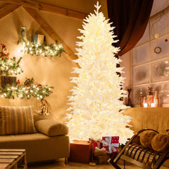 7 FT White Flocked Christmas Tree with 1880 Tips, 900 Warm White LEDs and a Rolling Base