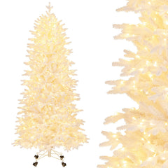 7 FT White Flocked Christmas Tree with 1880 Tips, 900 Warm White LEDs and a Rolling Base