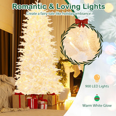 7 FT White Flocked Christmas Tree with 1880 Tips, 900 Warm White LEDs and a Rolling Base
