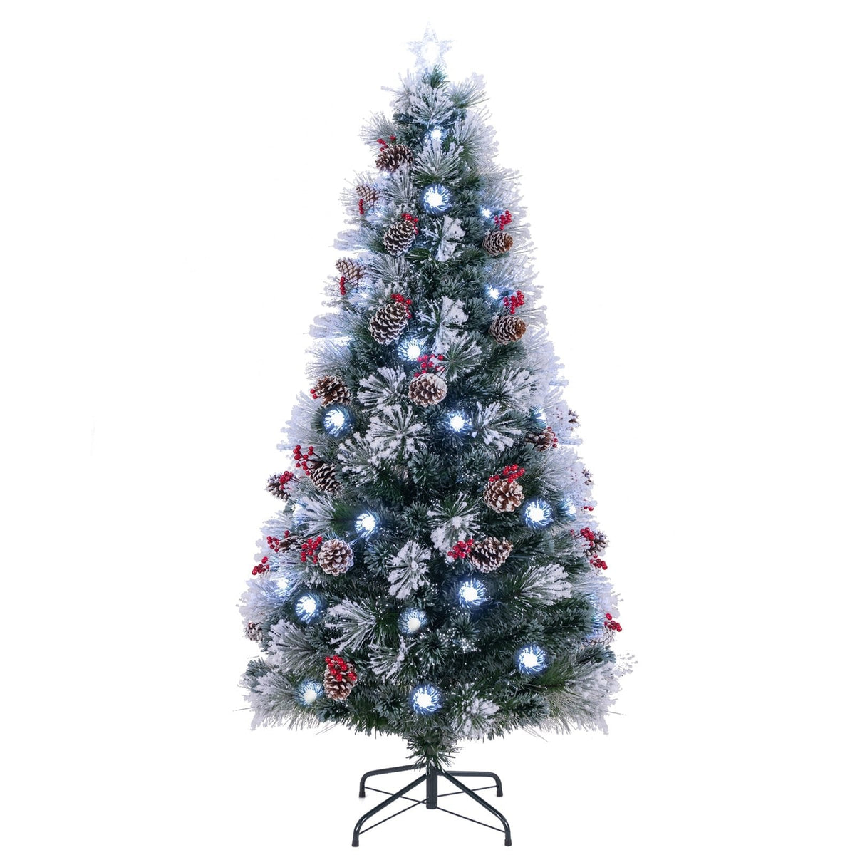 7 FT Slim Flocked Christmas Tree with Fibre Optics, Pine Cones, Red Berries and 8 Lighting Modes