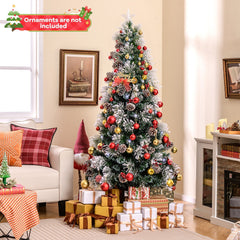 7 FT Slim Flocked Christmas Tree with Fibre Optics, Pine Cones, Red Berries and 8 Lighting Modes