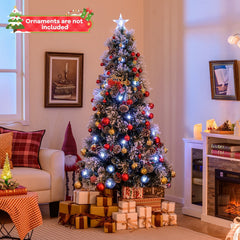 7 FT Slim Flocked Christmas Tree with Fibre Optics, Pine Cones, Red Berries and 8 Lighting Modes
