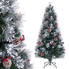 7 FT Slim Flocked Christmas Tree with Fibre Optics, Pine Cones, Red Berries and 8 Lighting Modes