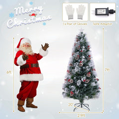 7 FT Slim Flocked Christmas Tree with Fibre Optics, Pine Cones, Red Berries and 8 Lighting Modes