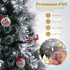 7 FT Slim Flocked Christmas Tree with Fibre Optics, Pine Cones, Red Berries and 8 Lighting Modes