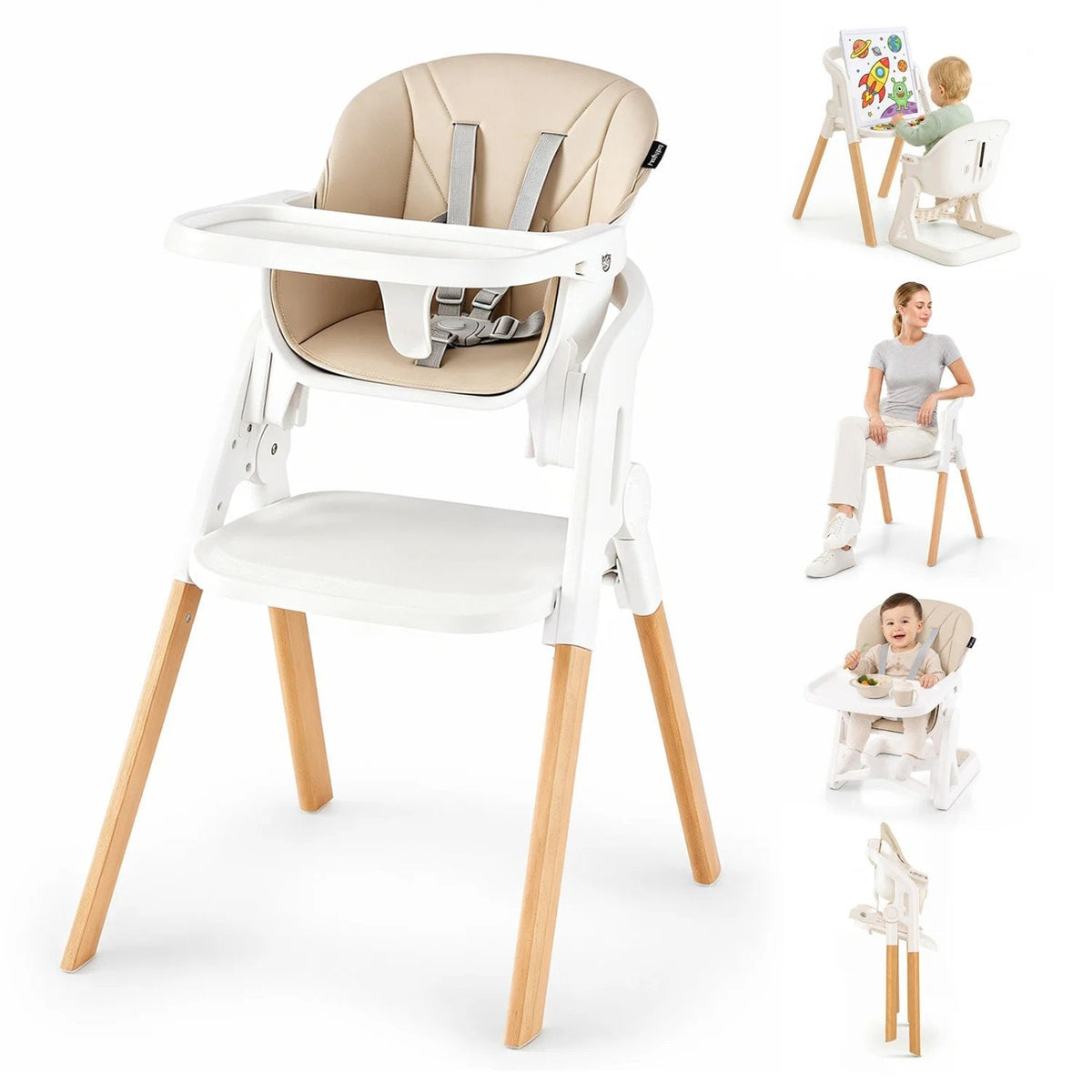 7-in-1 Convertible Foldable Baby High Chair with Adjustable Tray for Kids-Beige