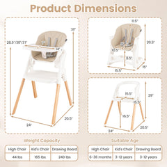 7-in-1 Convertible Foldable Baby High Chair with Adjustable Tray for Kids-Beige