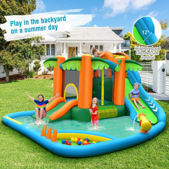 7-in-1 Palm Tree Inflatable Water Park with Trampoline, Ball Pit and 780W Blower