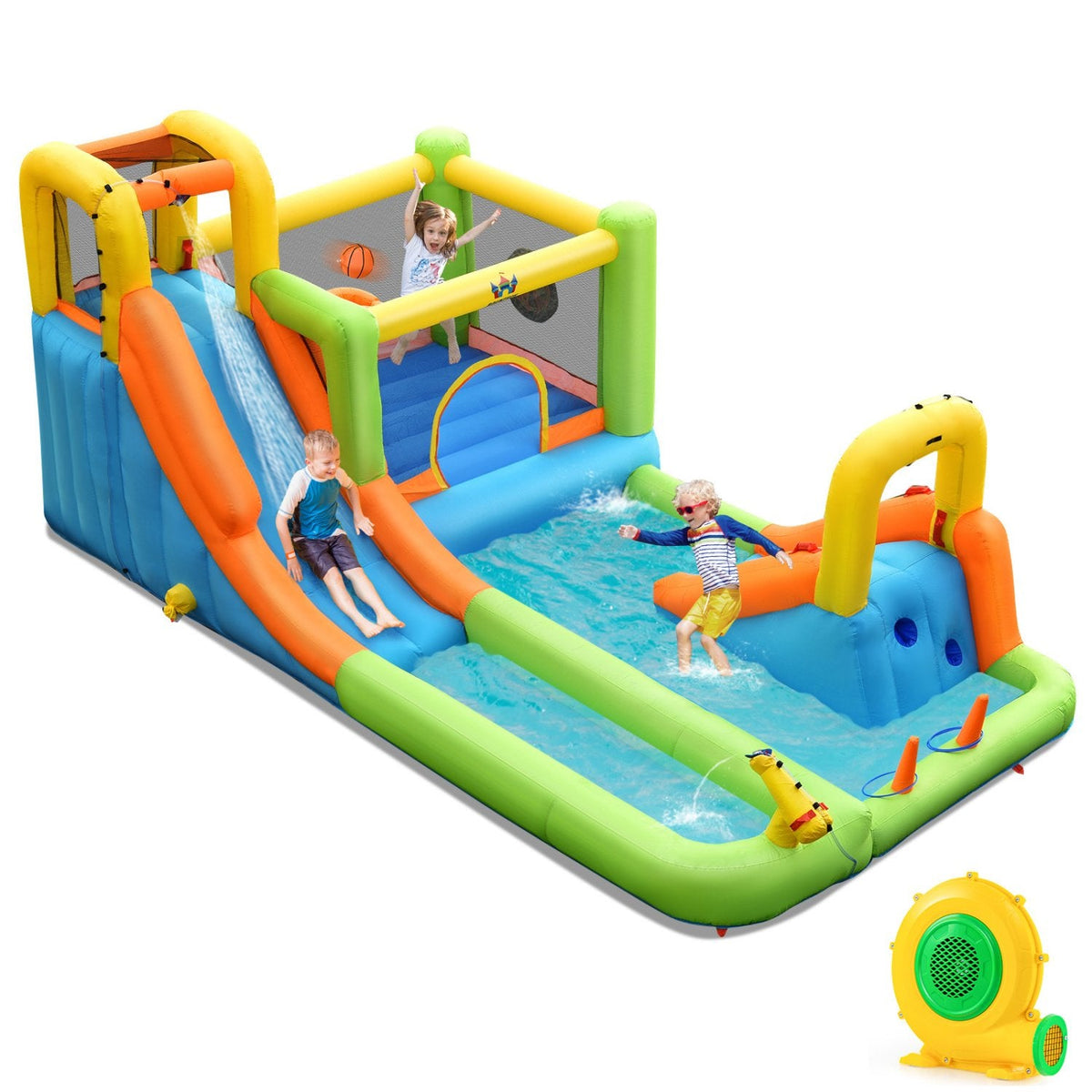 8-in-1 Inflatable Water Park with Long Slide, Jumping Area and Ring Toss, 735W Blower