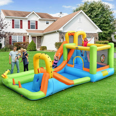 8-in-1 Inflatable Water Park with Long Slide, Jumping Area and Ring Toss, 735W Blower