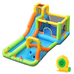 8-in-1 Inflatable Water Park with Long Slide, Jumping Area and Ring Toss, 735W Blower