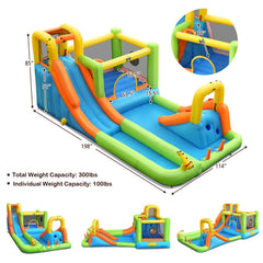 8-in-1 Inflatable Water Park with Long Slide, Jumping Area and Ring Toss, 735W Blower