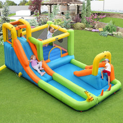 8-in-1 Inflatable Water Park with Long Slide, Jumping Area and Ring Toss, 735W Blower