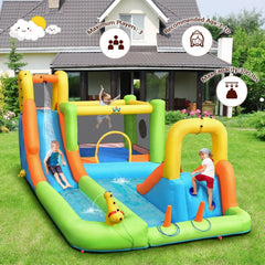 8-in-1 Inflatable Water Park with Long Slide, Jumping Area and Ring Toss, 735W Blower