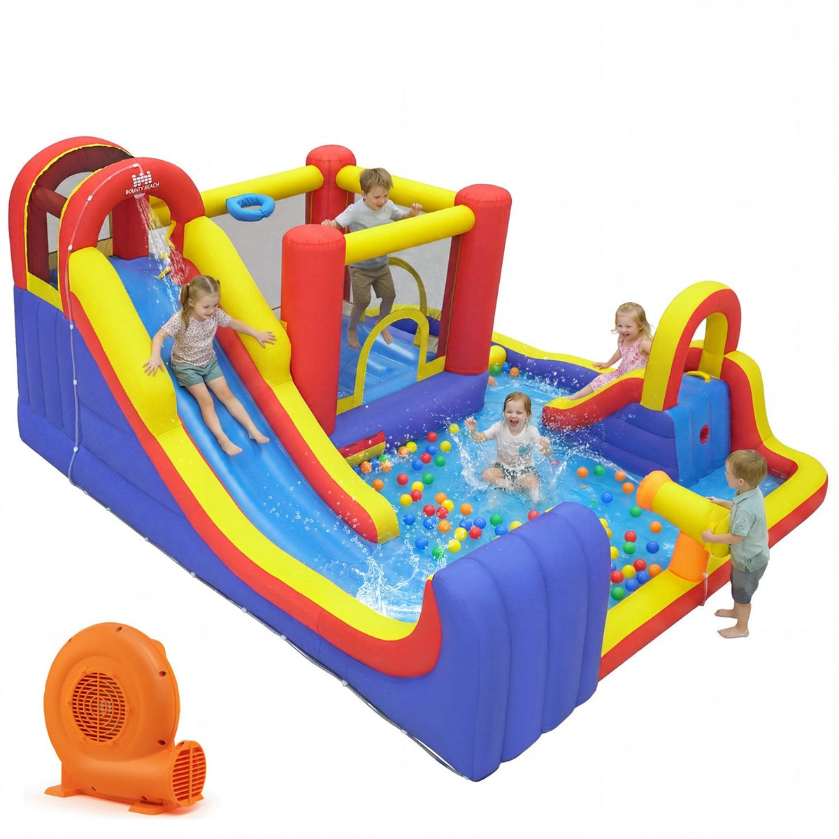 7-in-1 Inflatable Water Park with Surfing Runout Slide, Splash Pool and 750W Blower