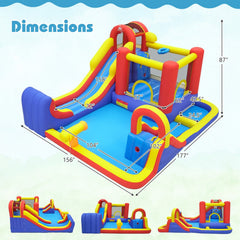 7-in-1 Inflatable Water Park with Surfing Runout Slide, Splash Pool and 750W Blower