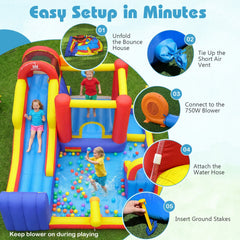 7-in-1 Inflatable Water Park with Surfing Runout Slide, Splash Pool and 750W Blower