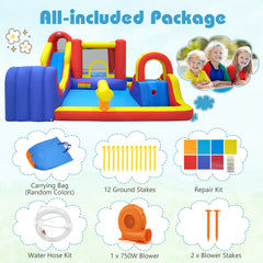 7-in-1 Inflatable Water Park with Surfing Runout Slide, Splash Pool and 750W Blower