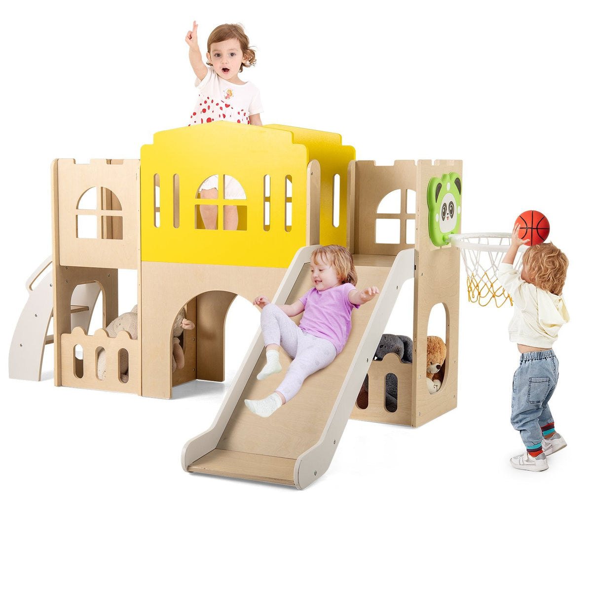 7-in-1 Toddler Slide Set for Kids with Climber and Basketball Hoop-Multicolor