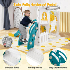 7-in-1 Toddler Swing and Slide Set L-shaped with Ladder and Basketball Hoop-Yellow
