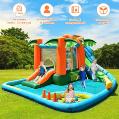 Palm Tree Inflatable Water Park with Two Slides, Ball Pit and Climbing Wall