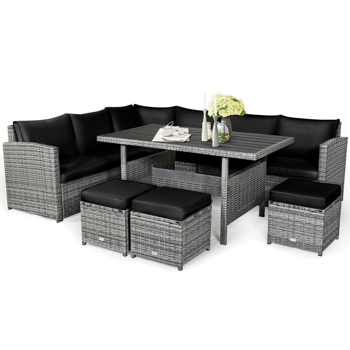 7 Piece Wicker Patio Sectional Dining Set, 3 Loveseats, Slatted Top Table and 3 Ottomans, Black on Grey