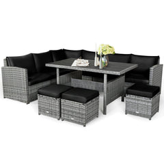 7 Piece Wicker Patio Sectional Dining Set, 3 Loveseats, Slatted Top Table and 3 Ottomans, Black on Grey