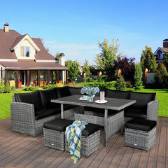 7 Piece Wicker Patio Sectional Dining Set, 3 Loveseats, Slatted Top Table and 3 Ottomans, Black on Grey