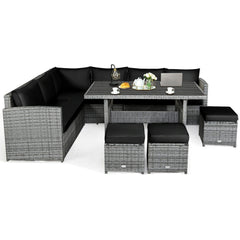 7 Piece Wicker Patio Sectional Dining Set, 3 Loveseats, Slatted Top Table and 3 Ottomans, Black on Grey