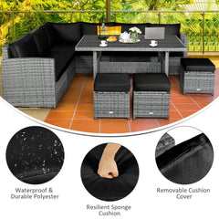 7 Piece Wicker Patio Sectional Dining Set, 3 Loveseats, Slatted Top Table and 3 Ottomans, Black on Grey
