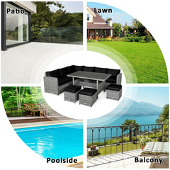 7 Piece Wicker Patio Sectional Dining Set, 3 Loveseats, Slatted Top Table and 3 Ottomans, Black on Grey