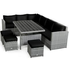 7 Piece Wicker Patio Sectional Dining Set, 3 Loveseats, Slatted Top Table and 3 Ottomans, Black on Grey