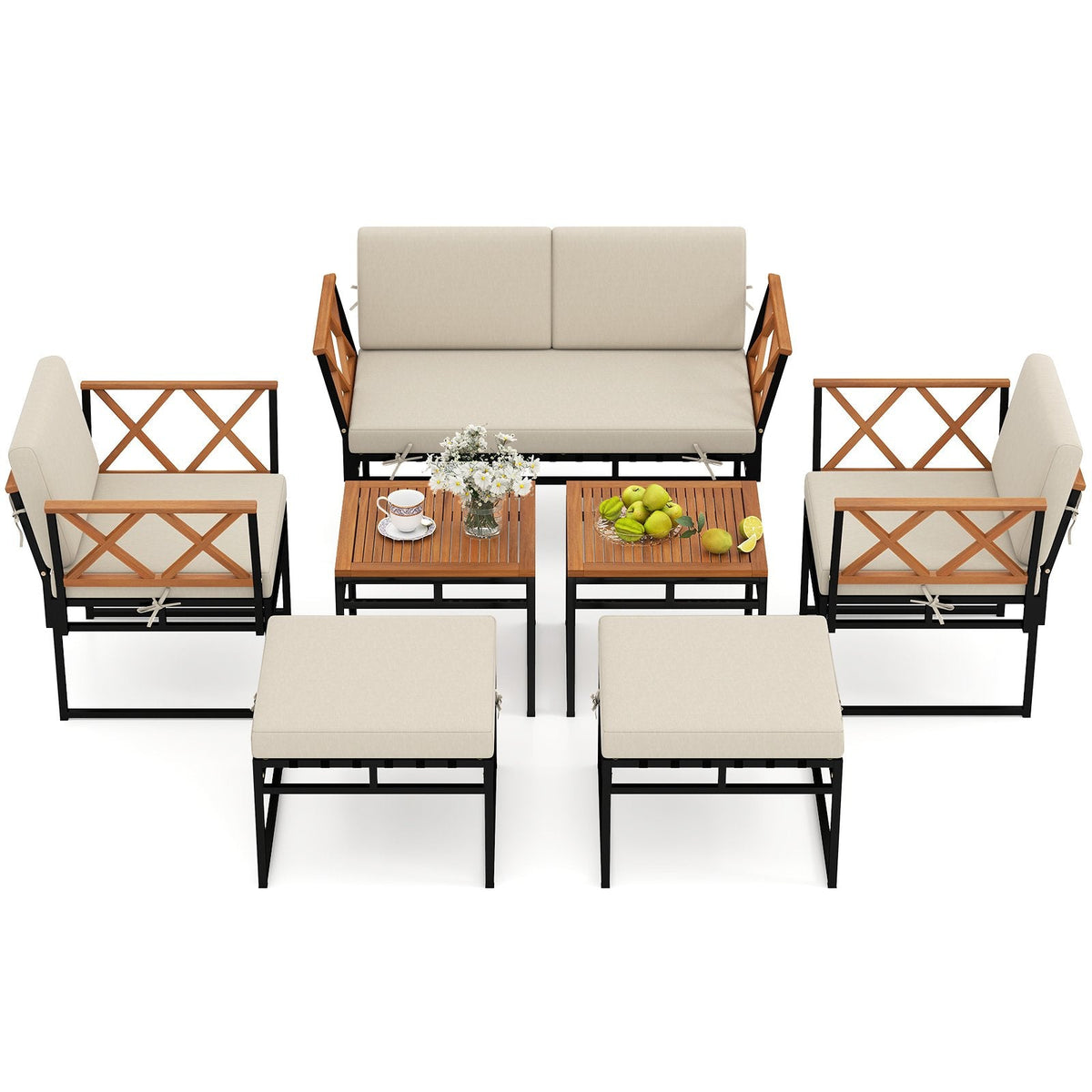7 Piece Metal and Acacia Patio Conversation Set with Bungee Rope Seats, 2 Ottomans and 2 Tables, Beige