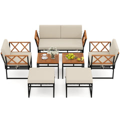 7 Piece Metal and Acacia Patio Conversation Set with Bungee Rope Seats, 2 Ottomans and 2 Tables, Beige