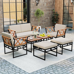 7 Piece Metal and Acacia Patio Conversation Set with Bungee Rope Seats, 2 Ottomans and 2 Tables, Beige