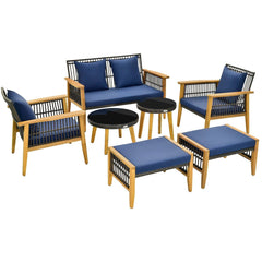 7 Piece Acacia and Rattan Patio Conversation Set with 2 Ottomans and 2 Round Glass Tables, Navy
