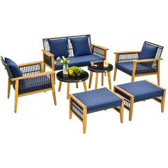 7 Piece Acacia and Rattan Patio Conversation Set with 2 Ottomans and 2 Round Glass Tables, Navy